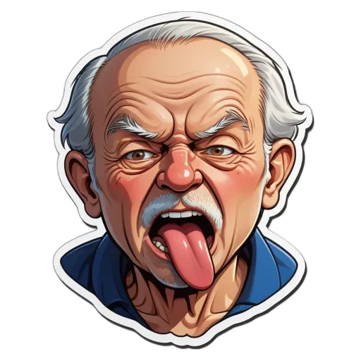 An angry old man with his tongue out is cartooned on a sticker.