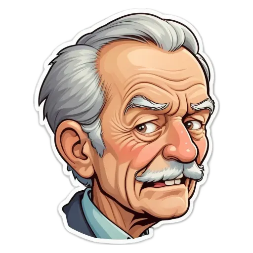 A man with a mustache and a sticker on his head.