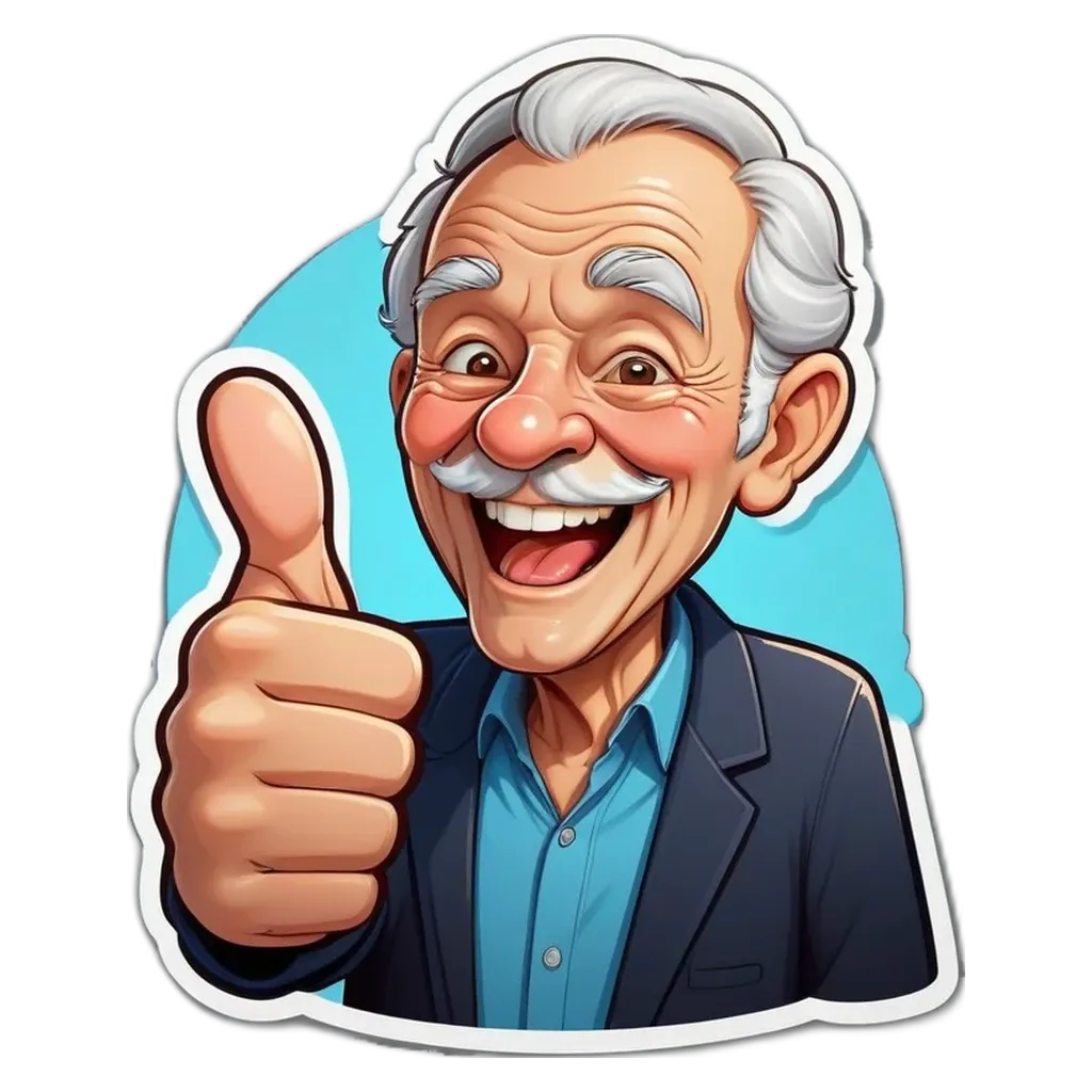 An old man with a thumbs up is cartooned with a smile.