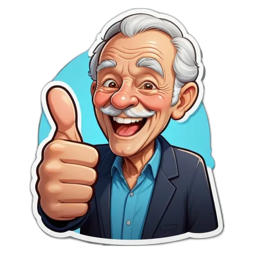 An old man with a thumbs up is cartooned with a smile.