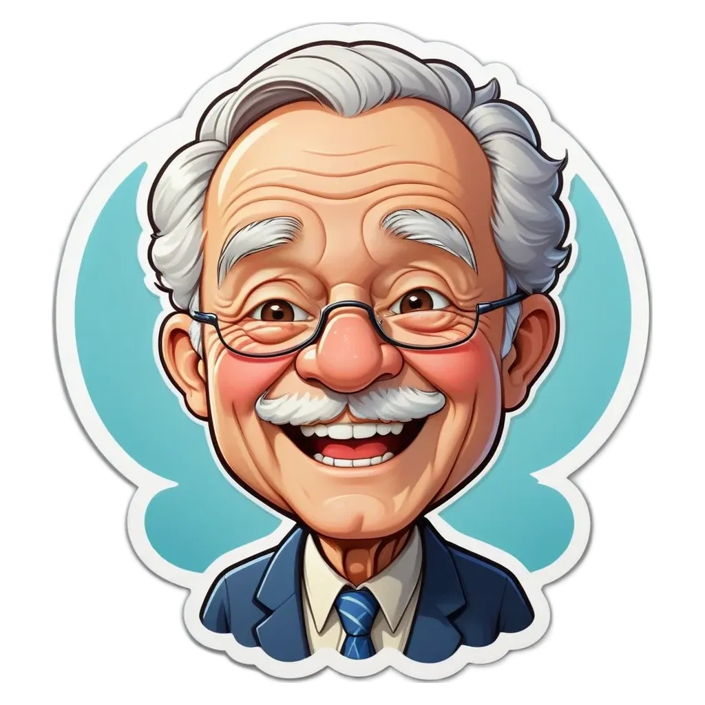 An old man with a fake smile and glasses.