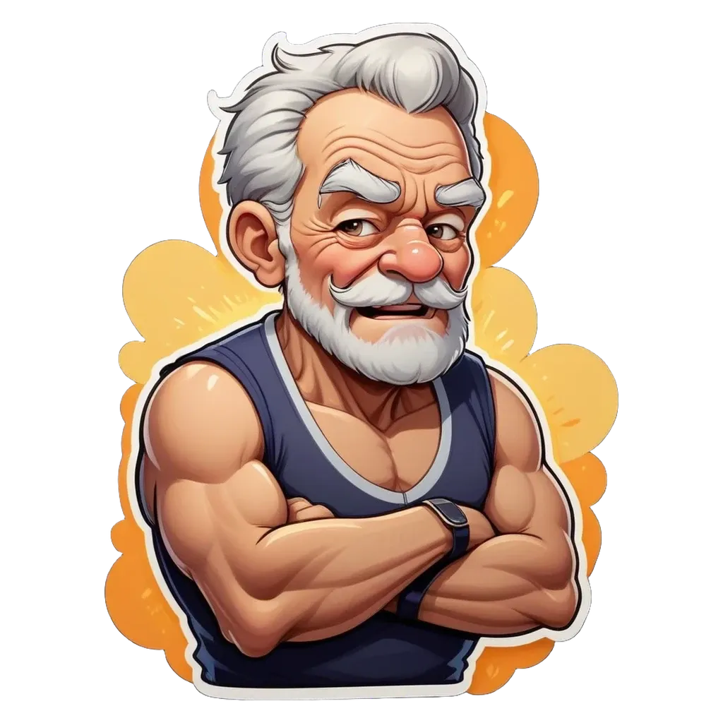 An older man with a muscular build is shown wearing a blue tank top.