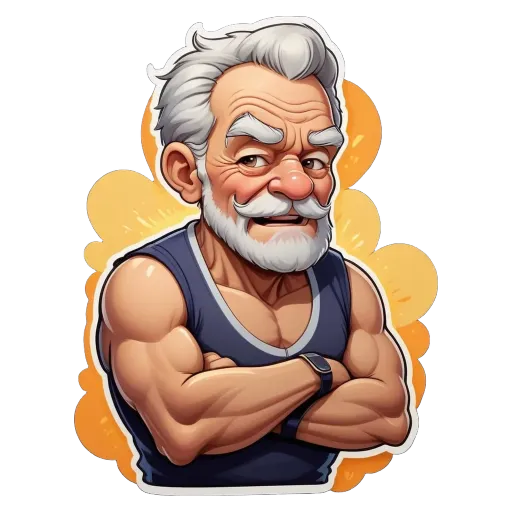 An older man with a muscular build is shown wearing a blue tank top.