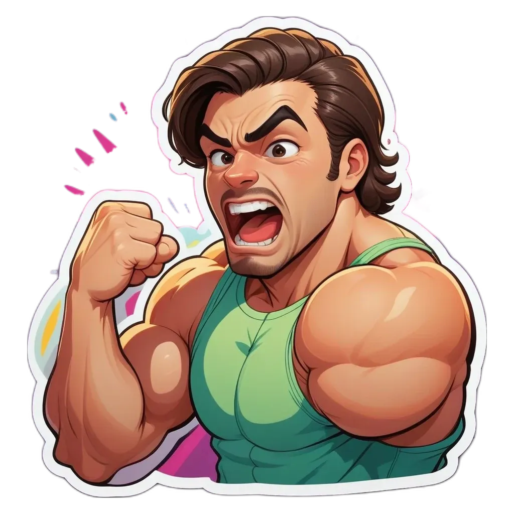 A cartoon drawing of a man with a muscular build showing he is angry.