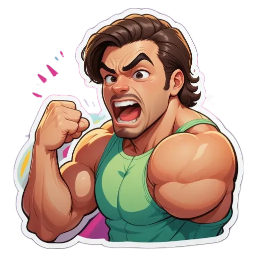 A cartoon drawing of a man with a muscular build showing he is angry.