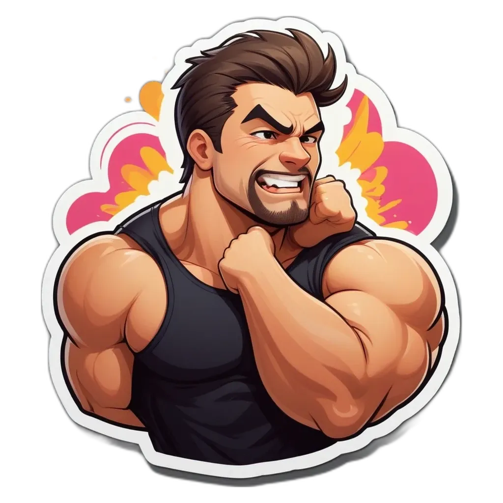 A cartoon picture of a man with muscles showing and a fist bumping his muscle.