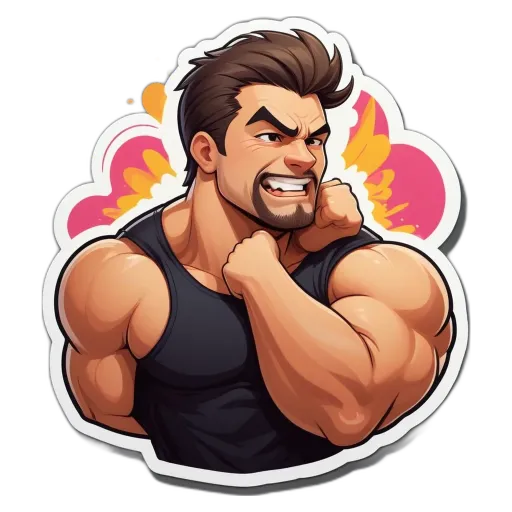 A cartoon picture of a man with muscles showing and a fist bumping his muscle.