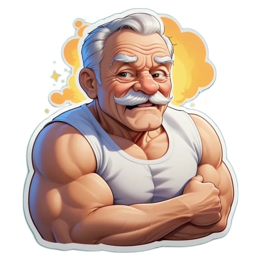 An old man with a mustached face and bicep showing.