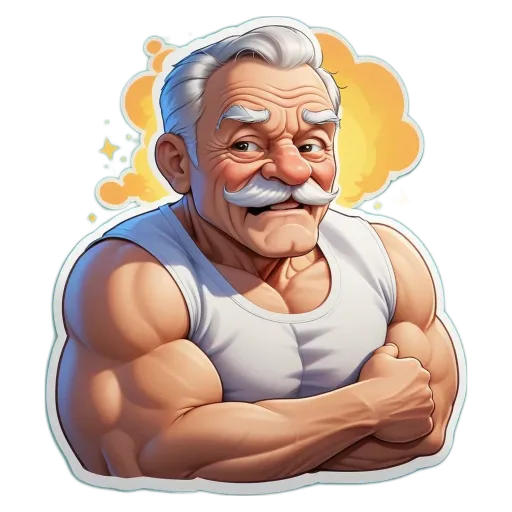 An old man with a mustached face and bicep showing.