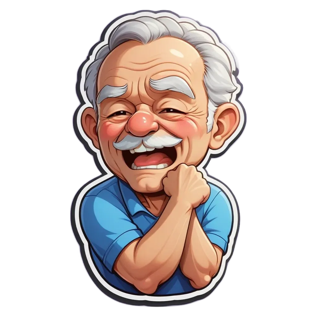 An old man laughing and paling with a cartoon face.
