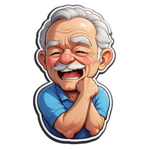 An old man laughing and paling with a cartoon face.