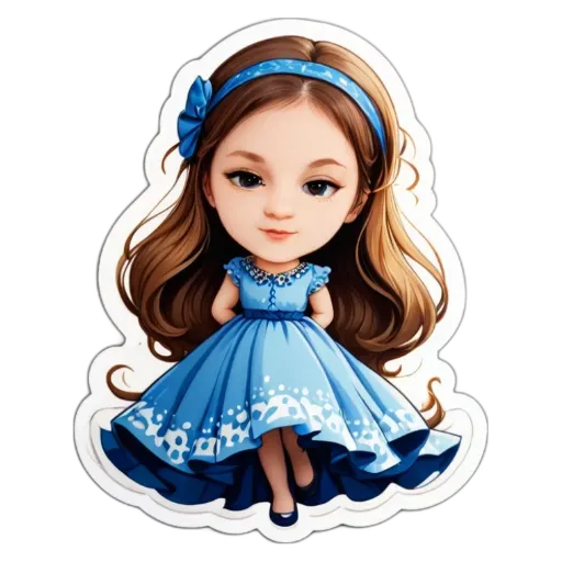 A girl like in a blue dress with her hair in a bow on a sticker.