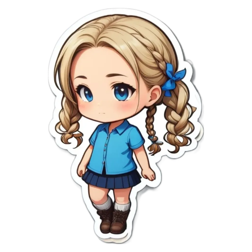 A girl with her hair in pig tails standing in a blue shirt.