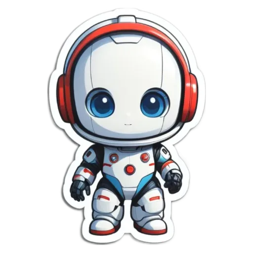 A sticker of a robot with red and white ears that is of size 30 x 30.