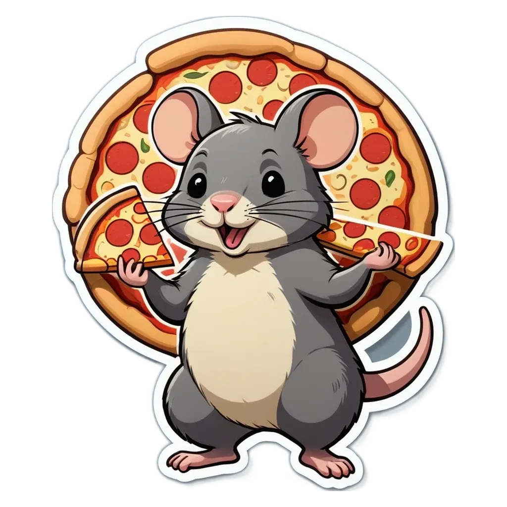 A cartoon pizza and mouse with the mouse holding a slice.