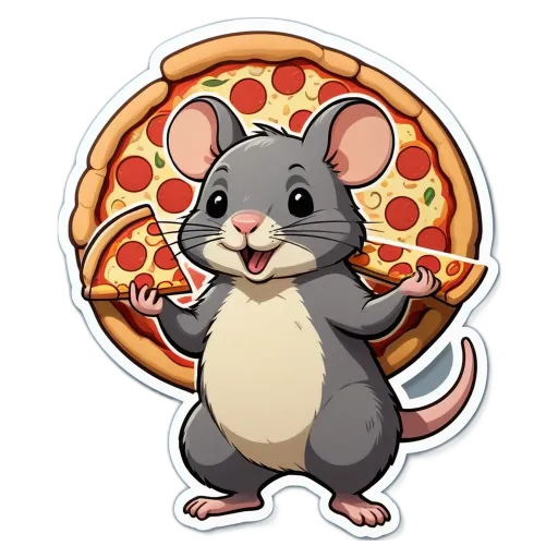 A cartoon pizza and mouse with the mouse holding a slice.