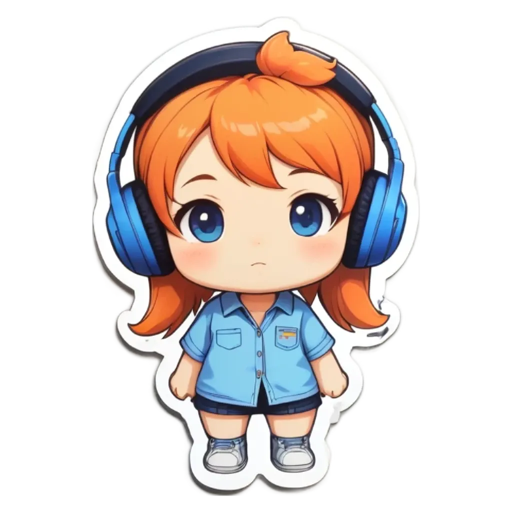 A girl with headphones and a blue shirt.
