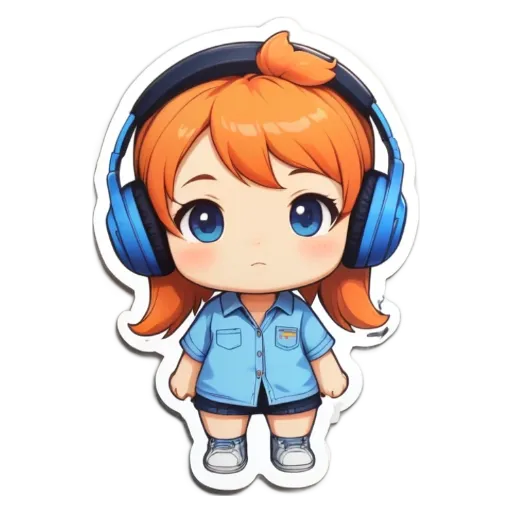 A girl with headphones and a blue shirt.