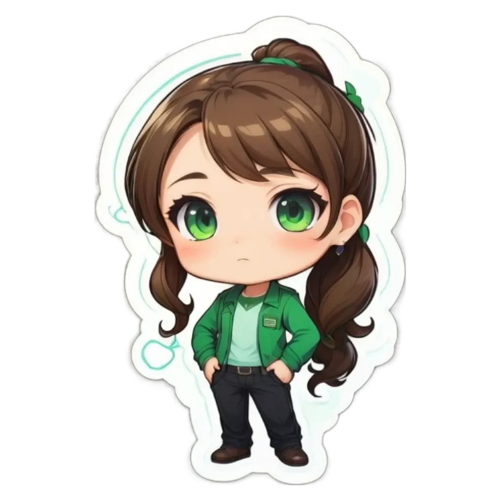 A girl with green eyes and a green jacket stands with her hands in her pockets.