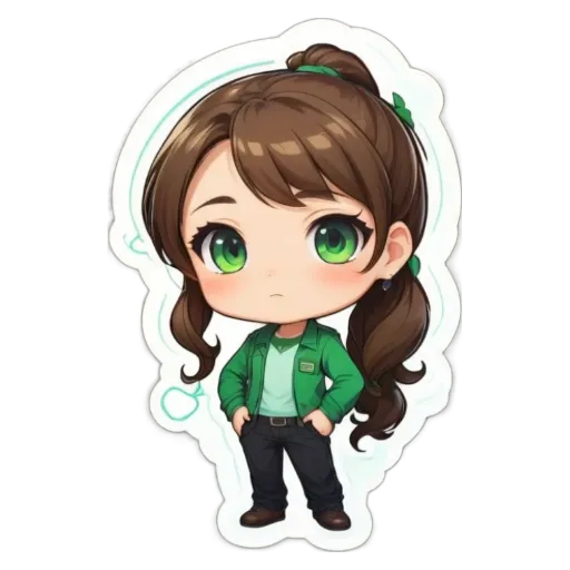 A girl with green eyes and a green jacket stands with her hands in her pockets.