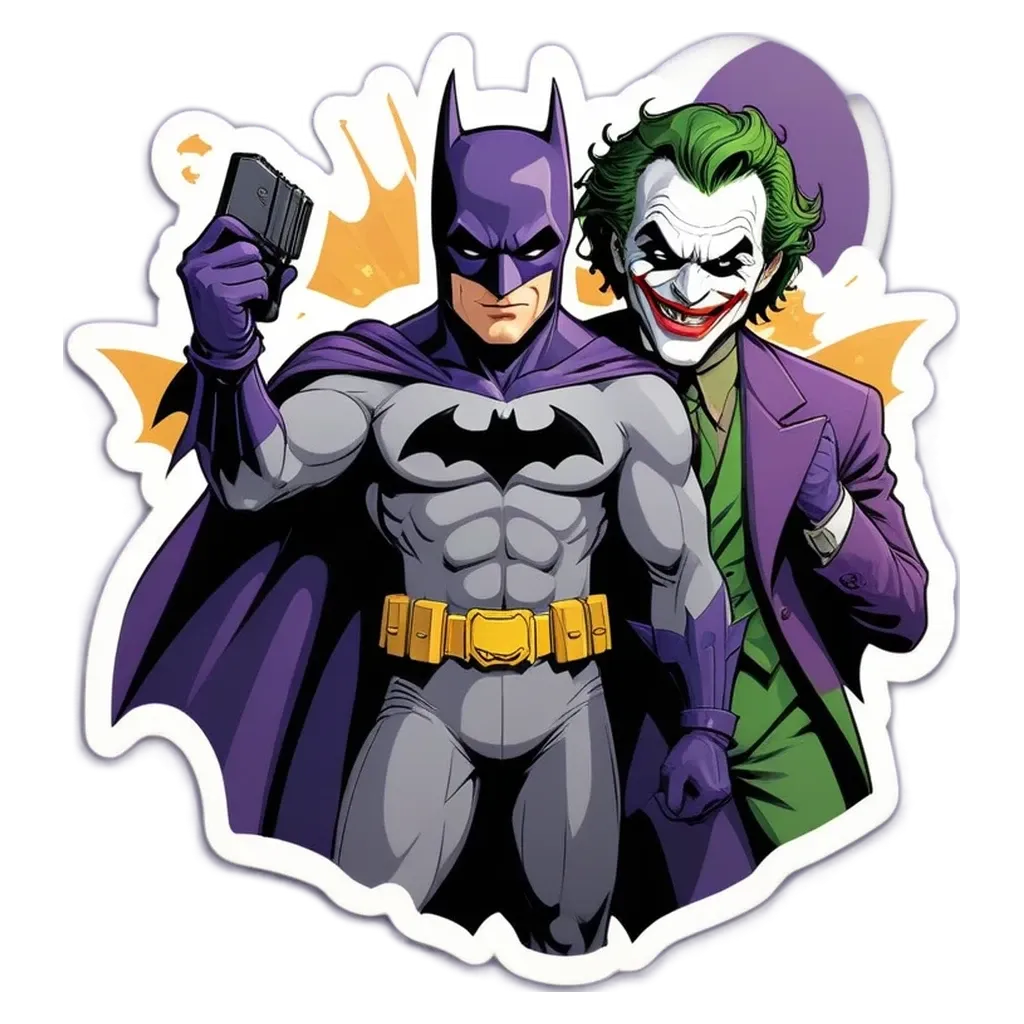 A Batman and Joker sticker is on a black background.