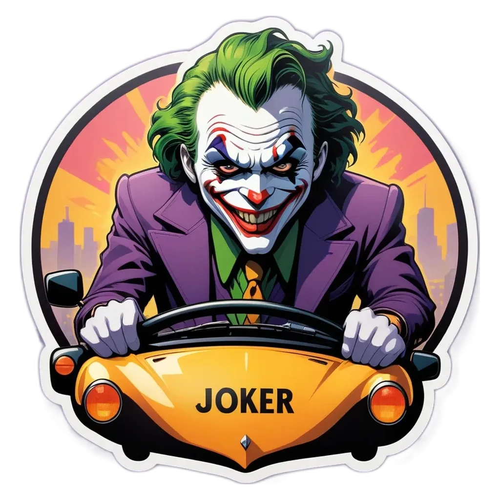 A sticker of a joker driving a car with the word Joker on the front of the car.