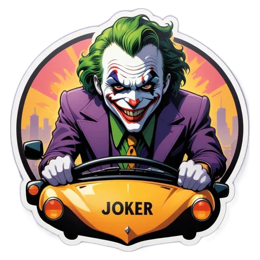 A sticker of a joker driving a car with the word Joker on the front of the car.