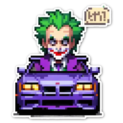 A joker in a car that says khki on the back.