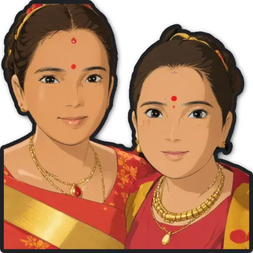 Two cartoon women with red dots on their foreheads.