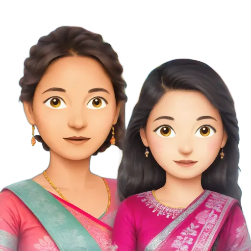 Two girls in front of a curtain, one is wearing a pink saree and the other is wearing a green saree.