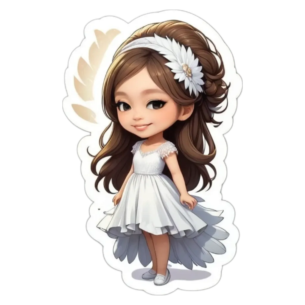 A cartoon girl wearing a white dress.