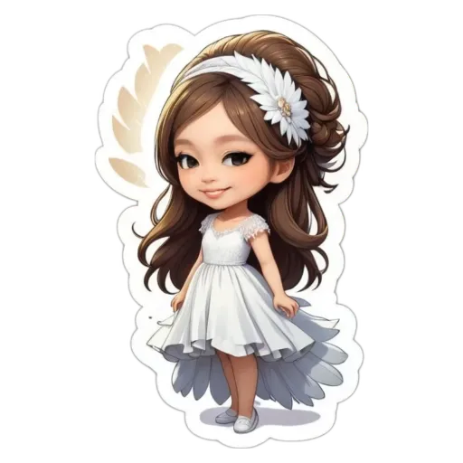 A cartoon girl wearing a white dress.