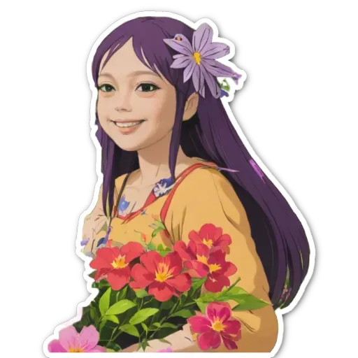 A woman holding flowers and a red and yellow shirt.