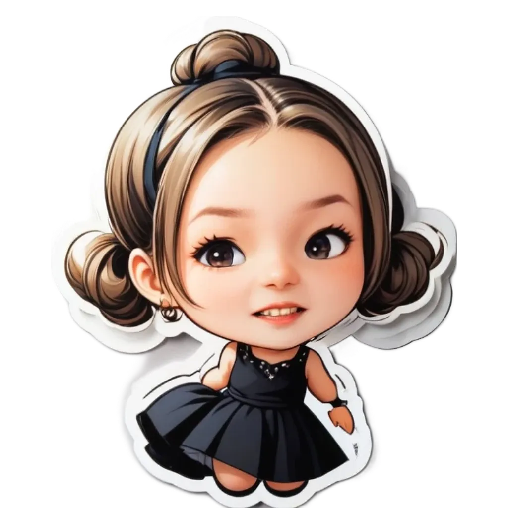 A sticker of a girl that is dressed in a black dress.