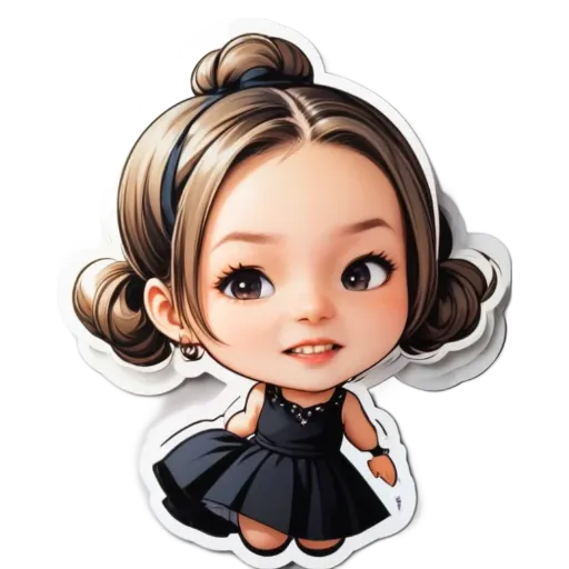 A sticker of a girl that is dressed in a black dress.