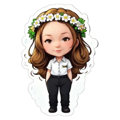 A girl wearing a white shirt and black pants with a flower in her hair.