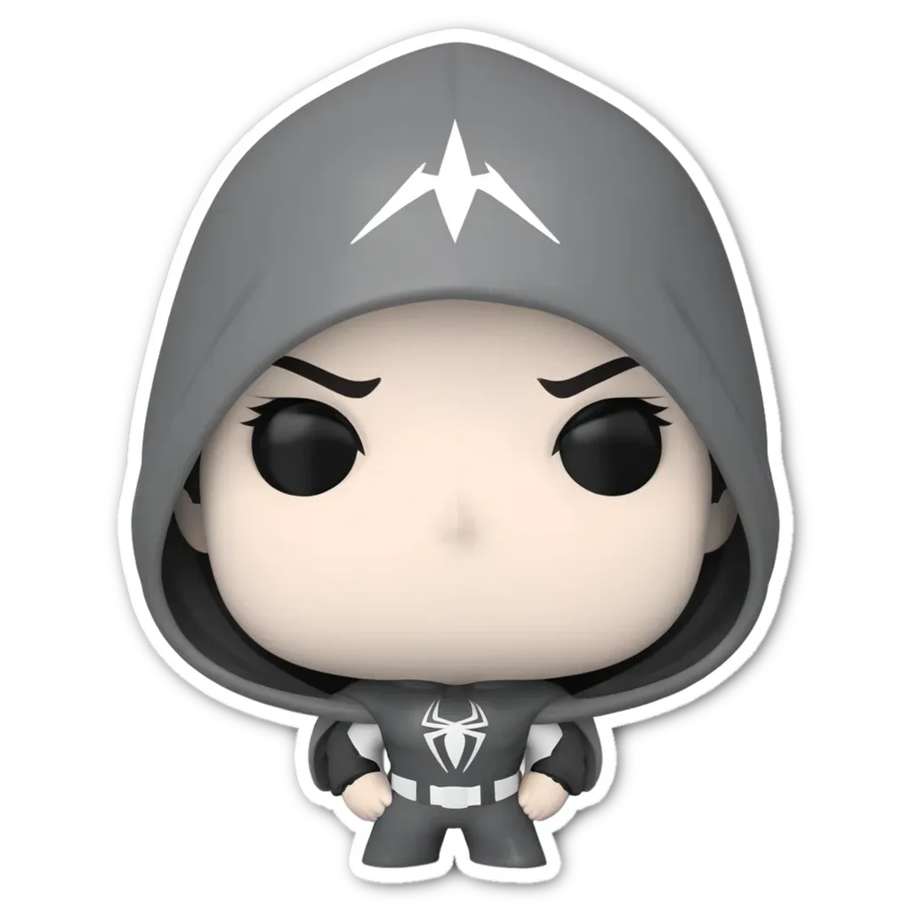 A women in a hoodie with a sticker that has a spider on it.