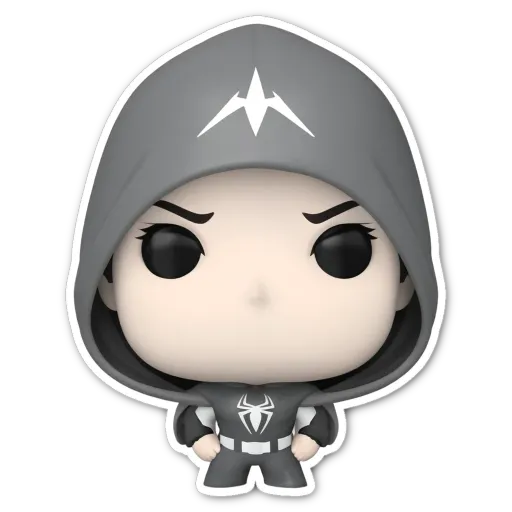 A women in a hoodie with a sticker that has a spider on it.