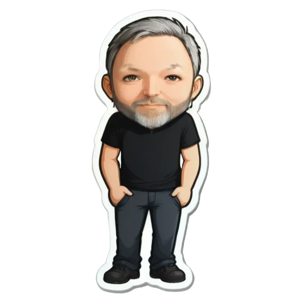 A cartoonish drawing of a man with gray hair and a black shirt.