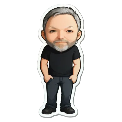 A cartoonish drawing of a man with gray hair and a black shirt.
