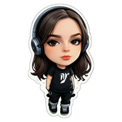 A girl with headphones on her head is standing in front of a black background.