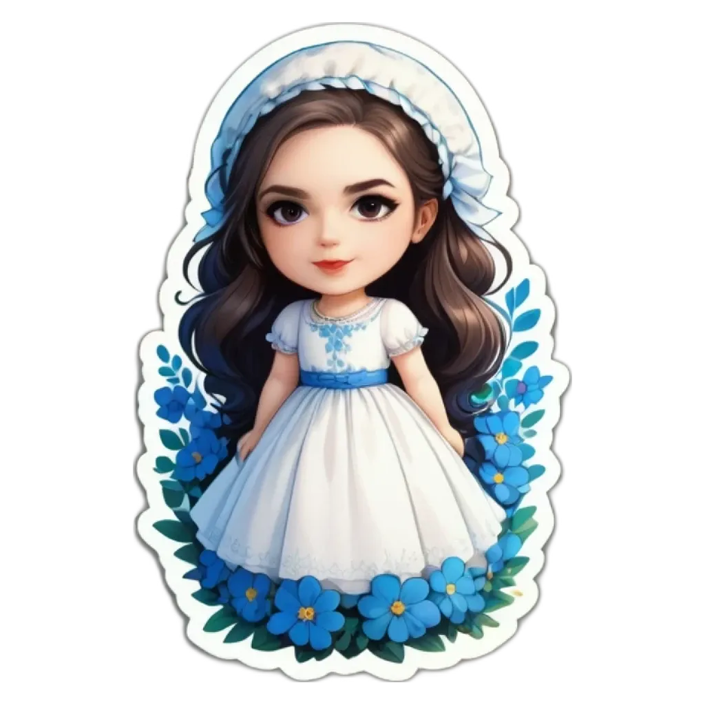 A girl is wearing a white dress with blue flowers.