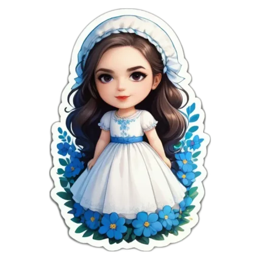 A girl is wearing a white dress with blue flowers.