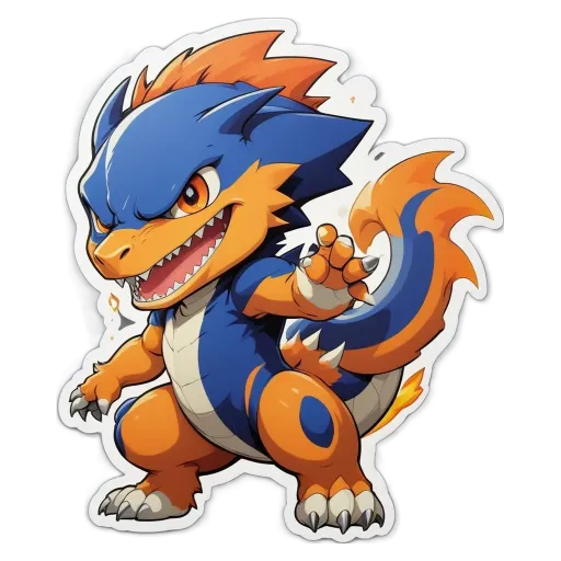 A blue and orange cartoon animal is sticking its tongue out.