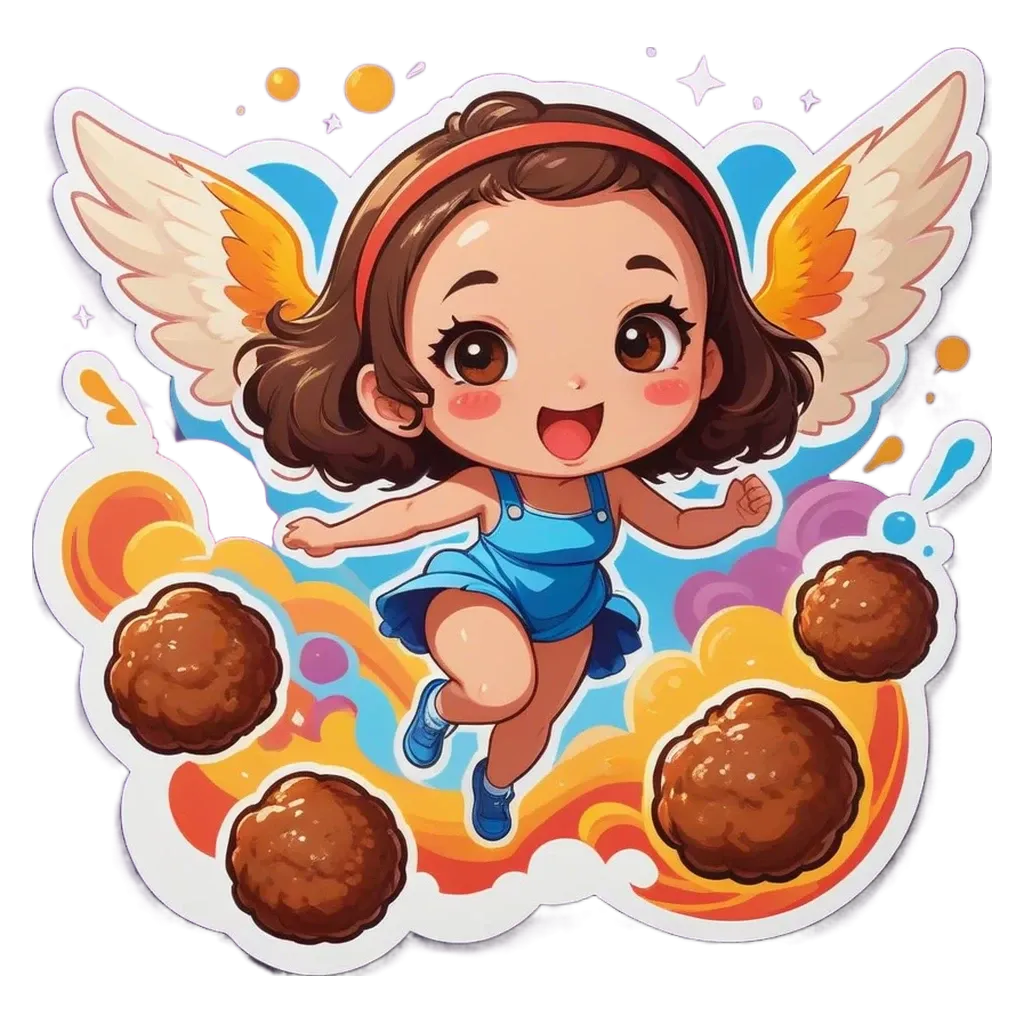 A girl with wings that are part of a sticker that has a bunch of meatballs on it.