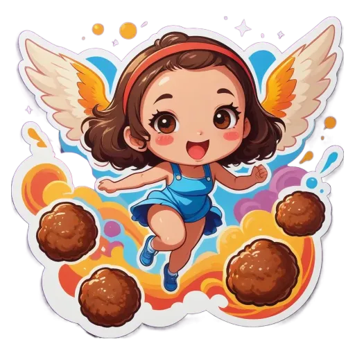 A girl with wings that are part of a sticker that has a bunch of meatballs on it.
