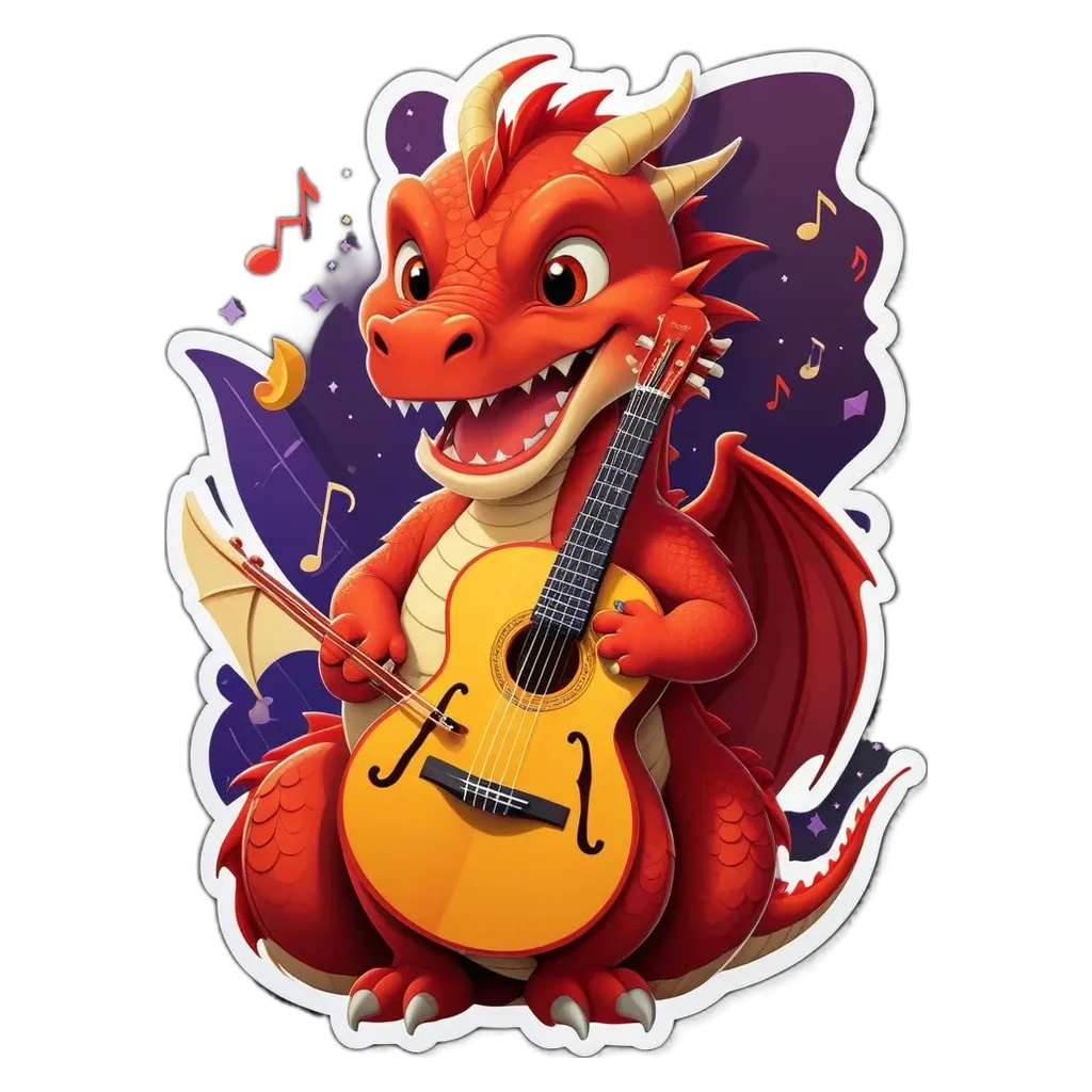 A red dragon playing a guitar is shown on a black background.