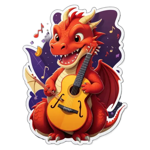 A red dragon playing a guitar is shown on a black background.