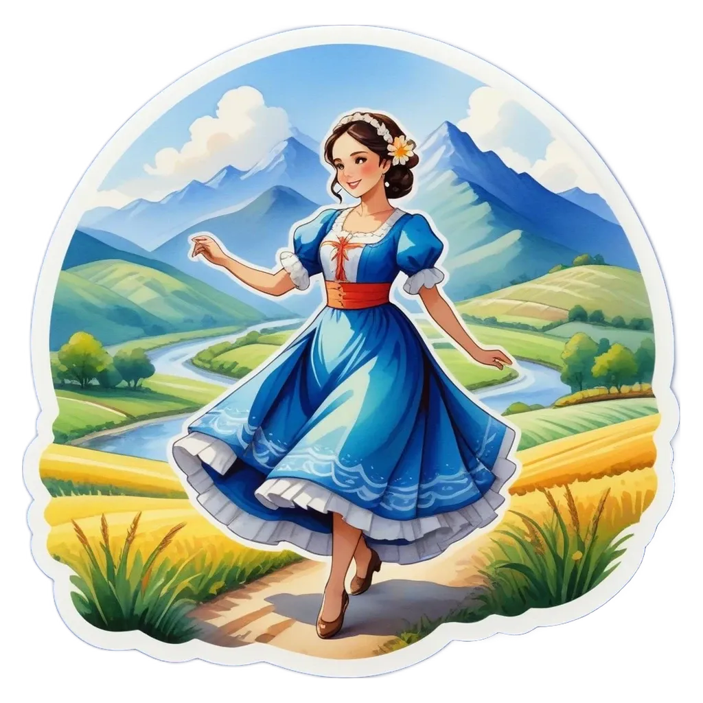A cartoonish drawing of a girl in a blue dress.