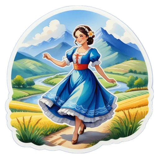 A cartoonish drawing of a girl in a blue dress.